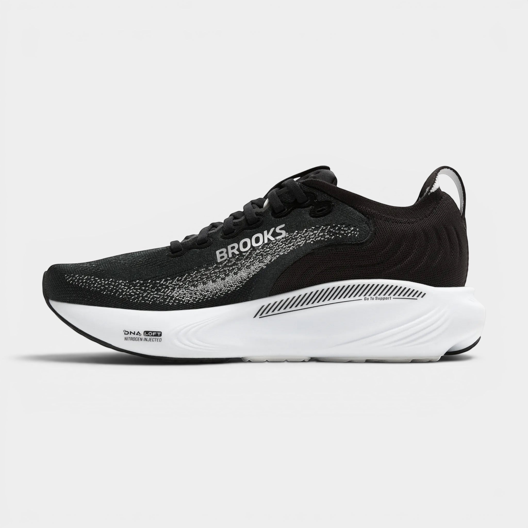 Read's Uniforms Adrenaline GTS 25 black and white men's running shoe with mesh upper and white sole.