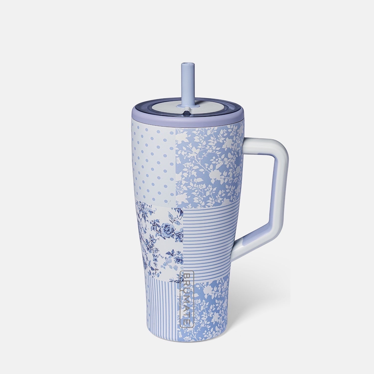 Read's Uniforms blue and white patchwork floral print 30oz Brumate Era tumbler with lid and straw, featuring a handle.