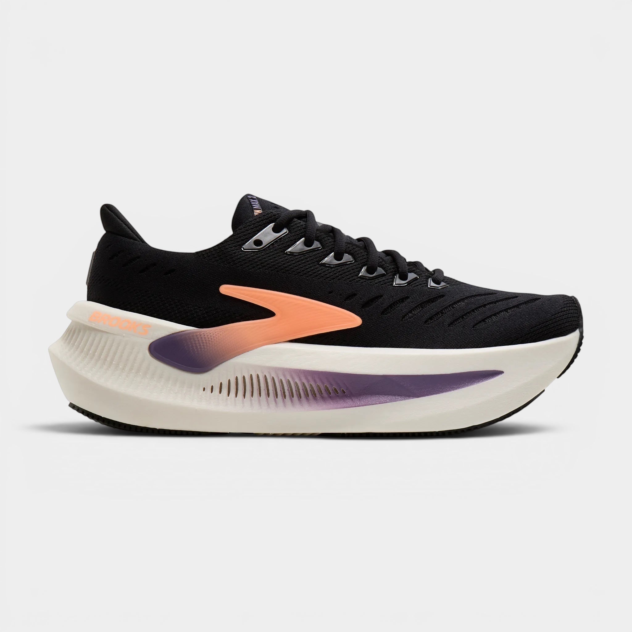 Read's Uniforms Brooks Glycerin Max 2 women's black running shoe with orange and purple accents on the sole. Features a breathable mesh upper.