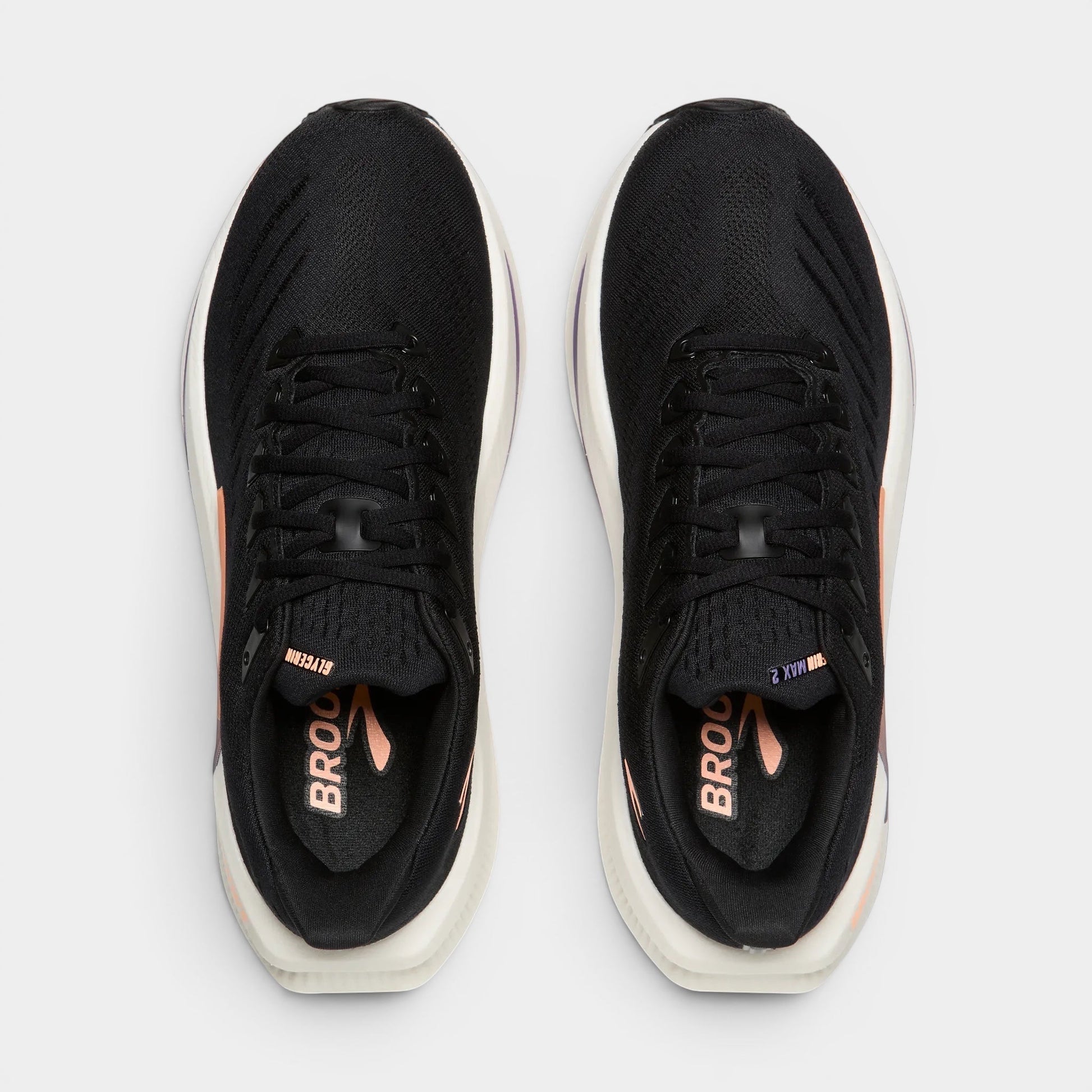 Read's Uniforms black Brooks Glycerin Max 2 women's running shoes with peach and purple accents. Breathable mesh upper and plush cushioning.