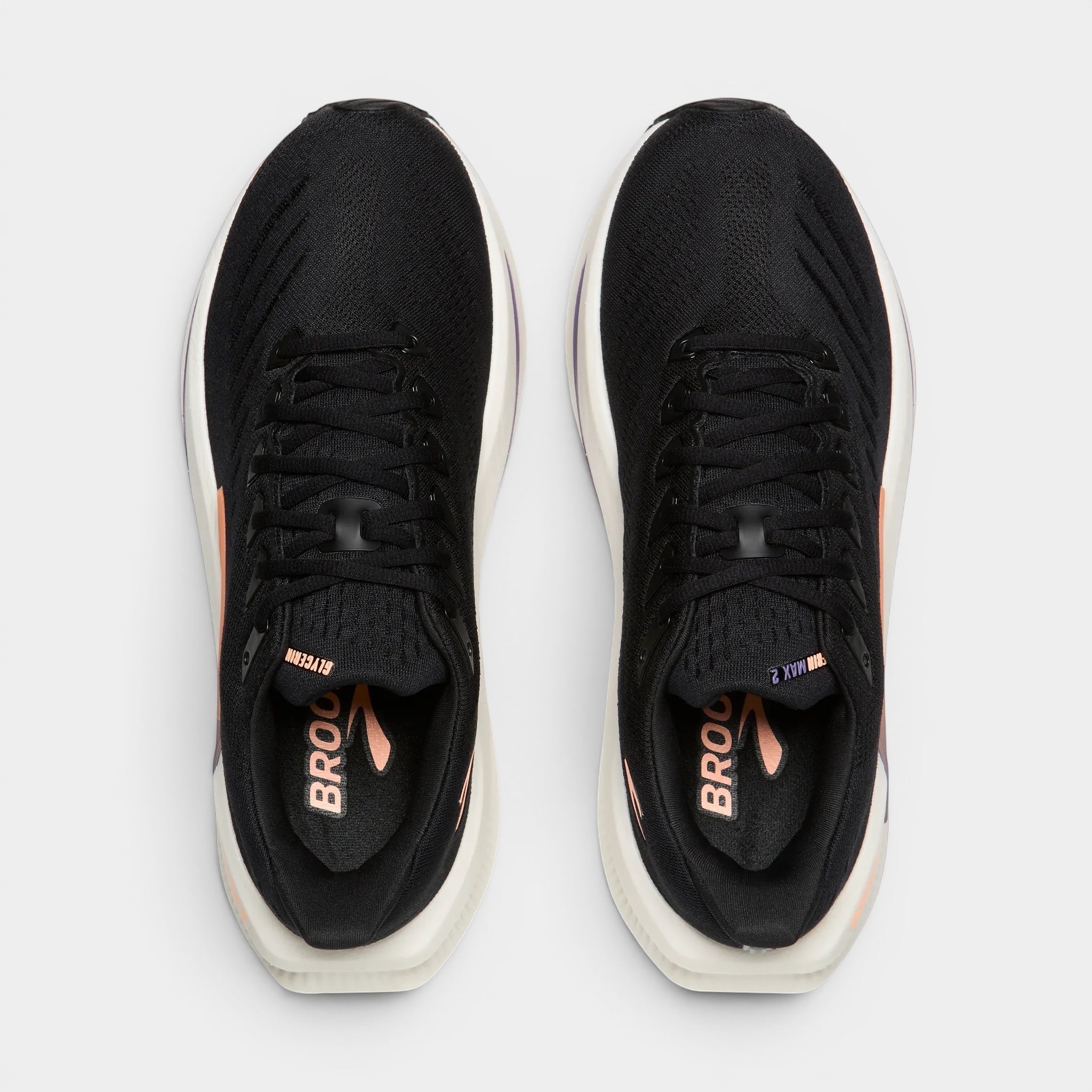 Read's Uniforms black Brooks Glycerin Max 2 women's running shoes with peach and purple accents. Breathable mesh upper and plush cushioning.
