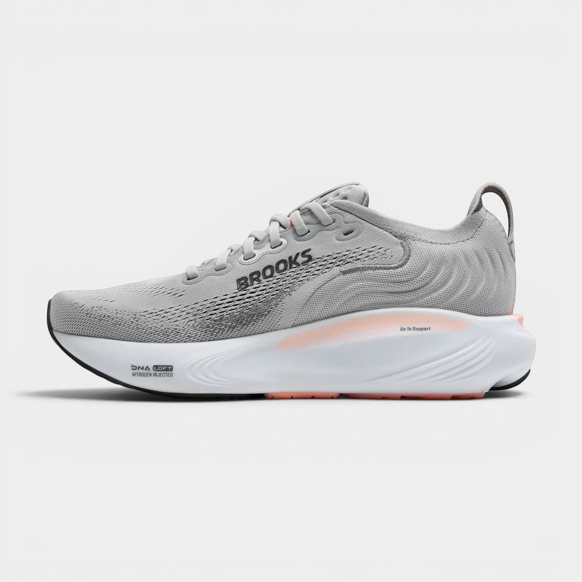Read's Uniforms Adrenaline GTS 25 women's grey mesh running shoe with white sole and peach accents.