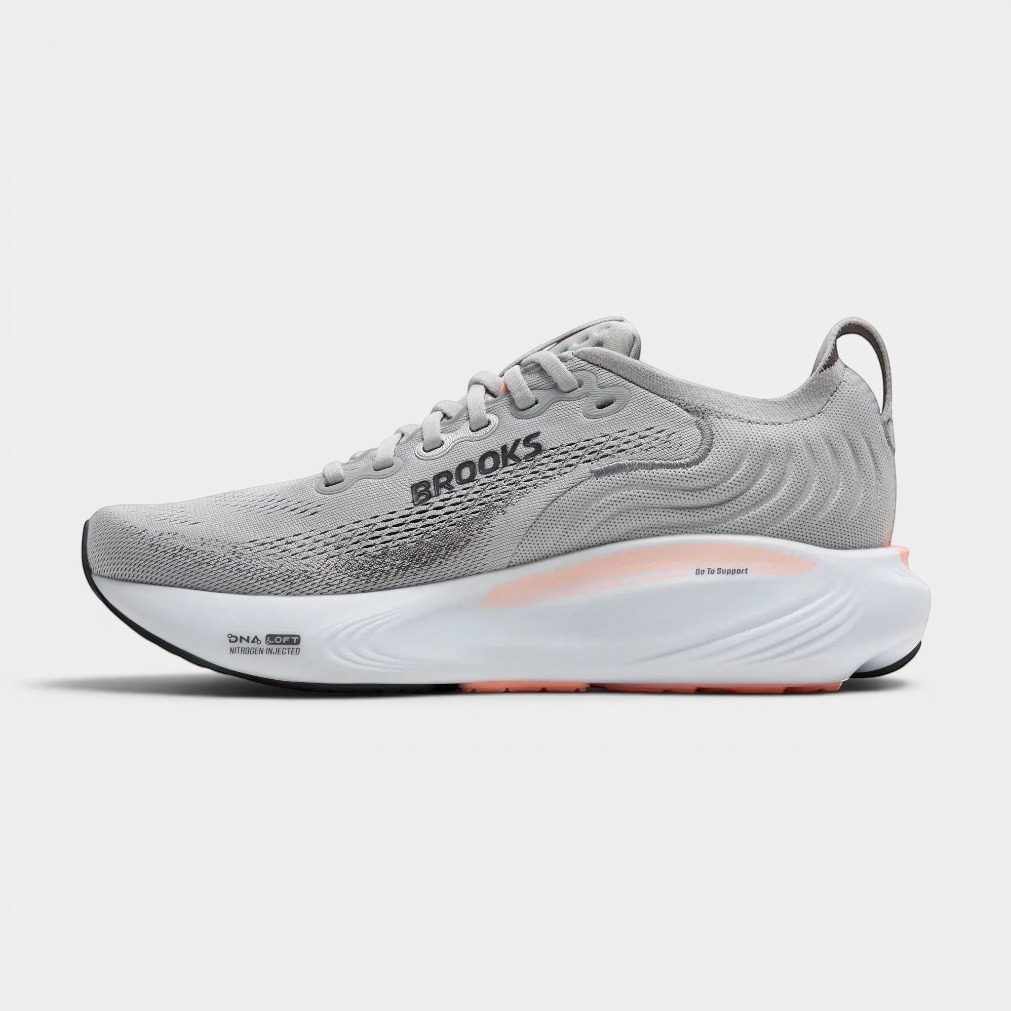 Read's Uniforms Adrenaline GTS 25 women's grey mesh running shoe with white sole and peach accents.