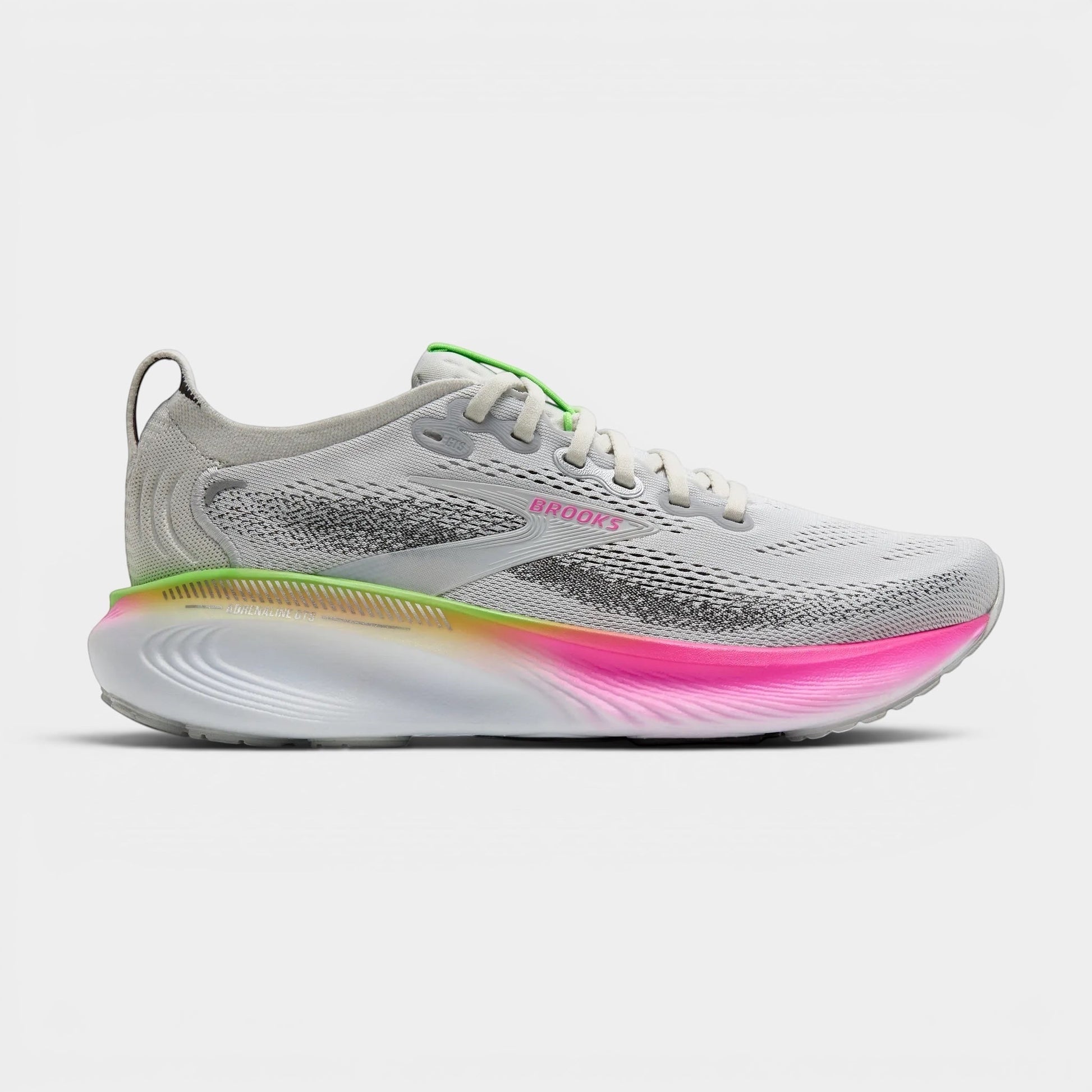 Read's Uniforms Adrenaline GTS 25 women's running shoe in light grey with neon green and pink gradient sole.
