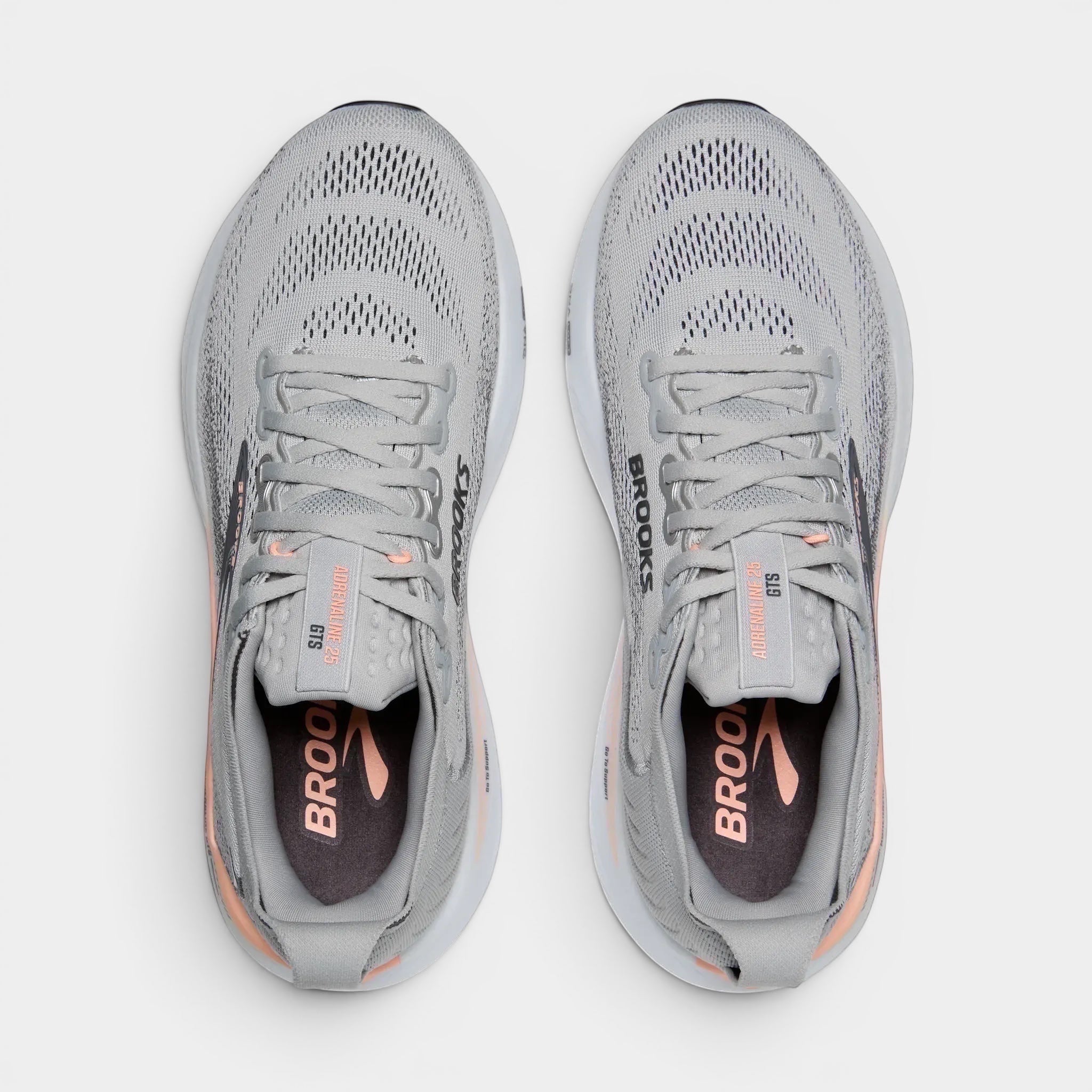 Read's Uniforms Adrenaline GTS 25 women's grey running shoes with peach accents and mesh uppers.