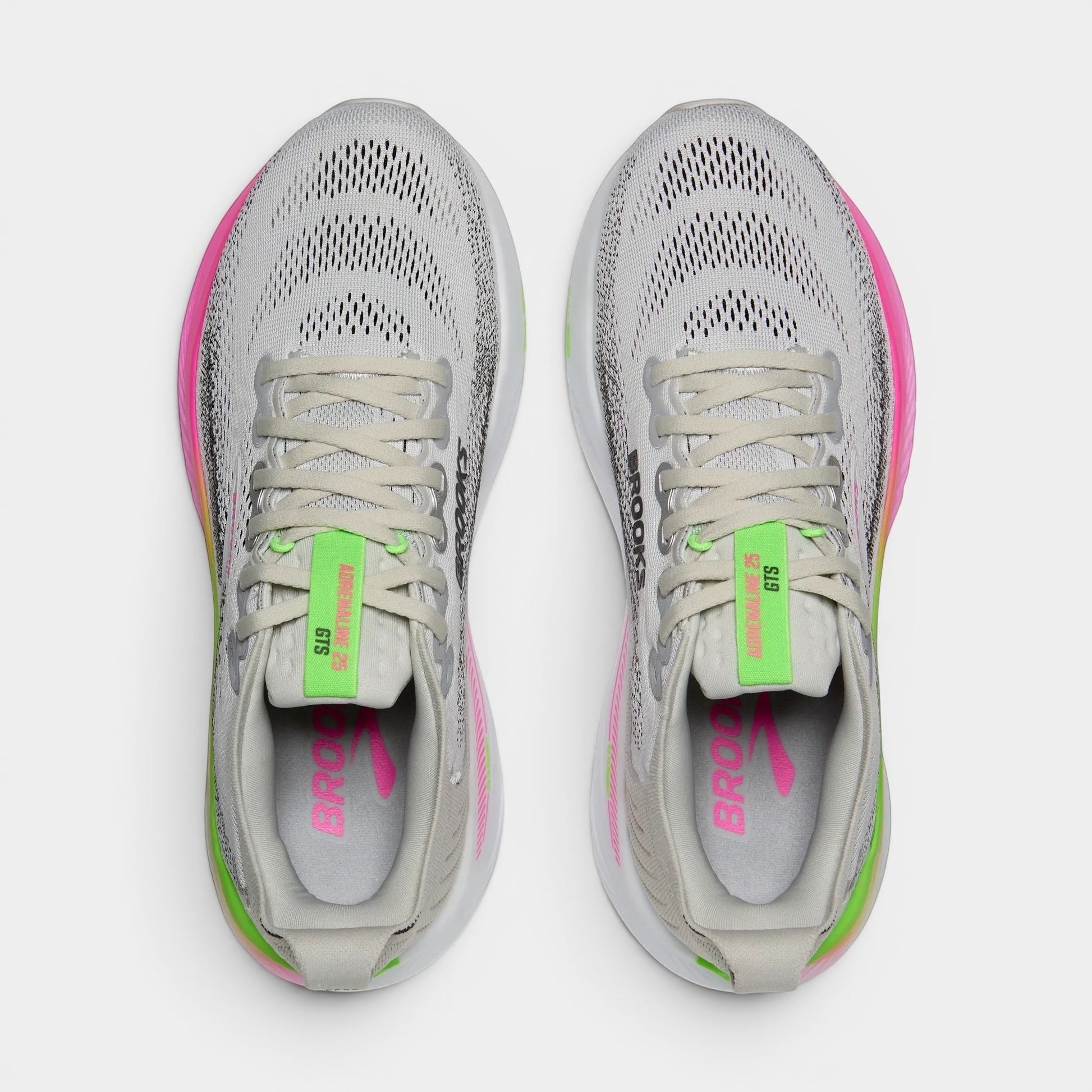 Read's Uniforms Adrenaline GTS 25 women's running shoes in light grey with neon green and hot pink accents. Breathable mesh upper.
