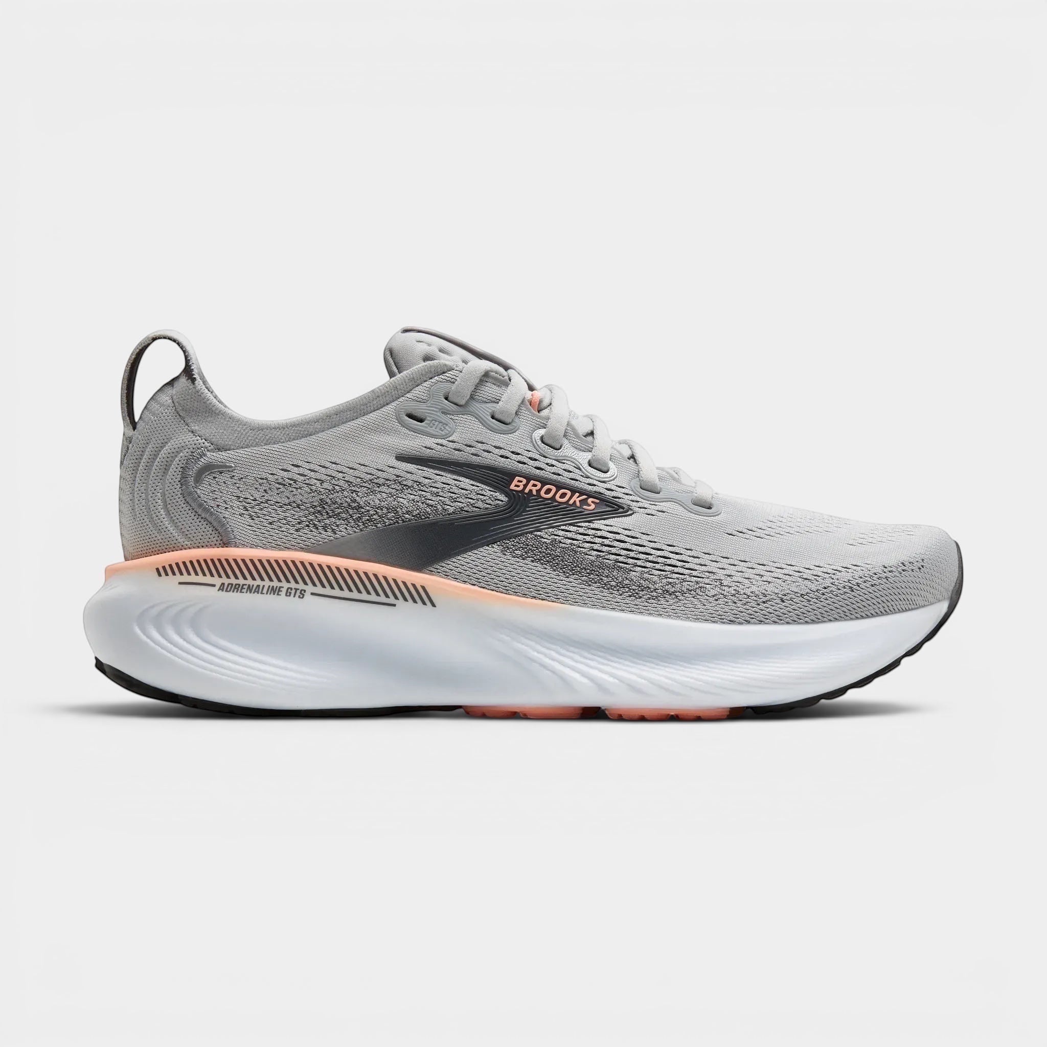 Read's Uniforms Adrenaline GTS 25 women's light grey running shoes with coral accents and white sole.