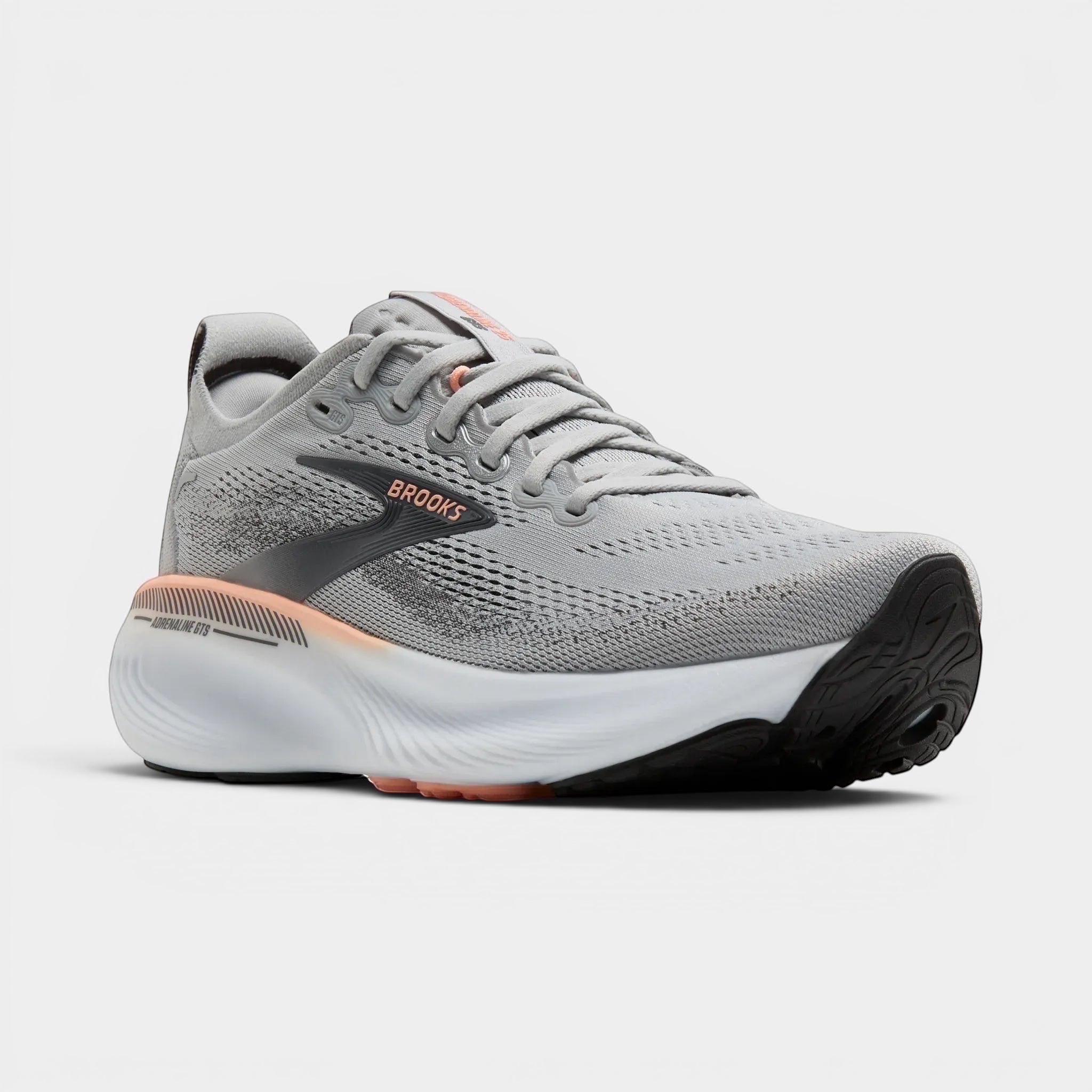 Read's Uniforms Adrenaline GTS 25 women's grey mesh running shoe with coral accents and white midsole.