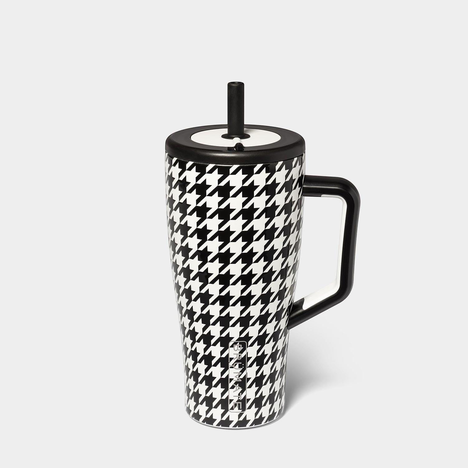 Read's Uniforms Brumate Era 30oz tumbler in black and white houndstooth pattern with black lid and handle, featuring a metal straw.