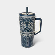 Read's Uniforms navy blue 30oz tumbler with a white snowflake pattern and a dark blue lid and handle. Features a straw and BrüMate logo.