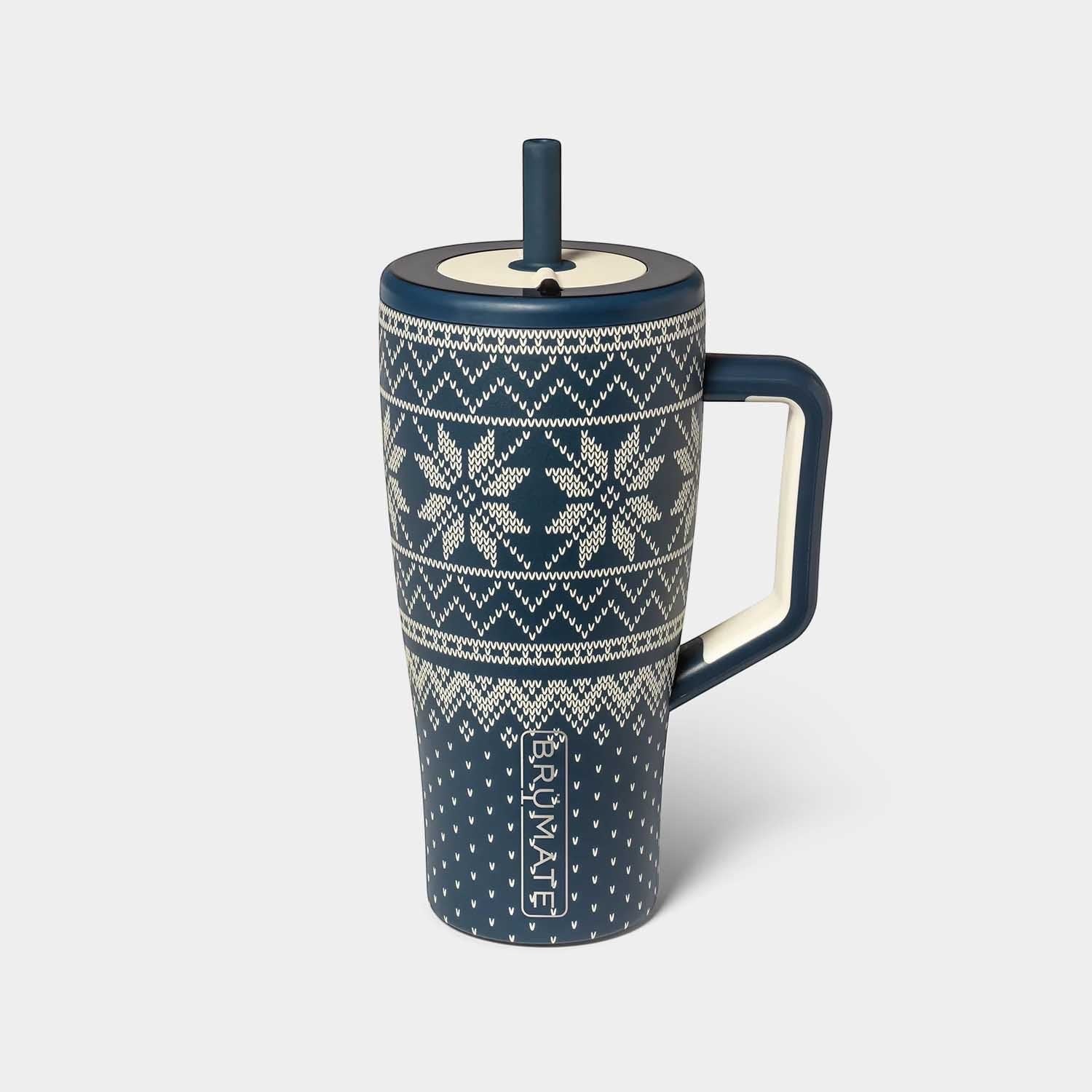 Read's Uniforms navy blue 30oz tumbler with a white snowflake pattern and a dark blue lid and handle. Features a straw and BrüMate logo.