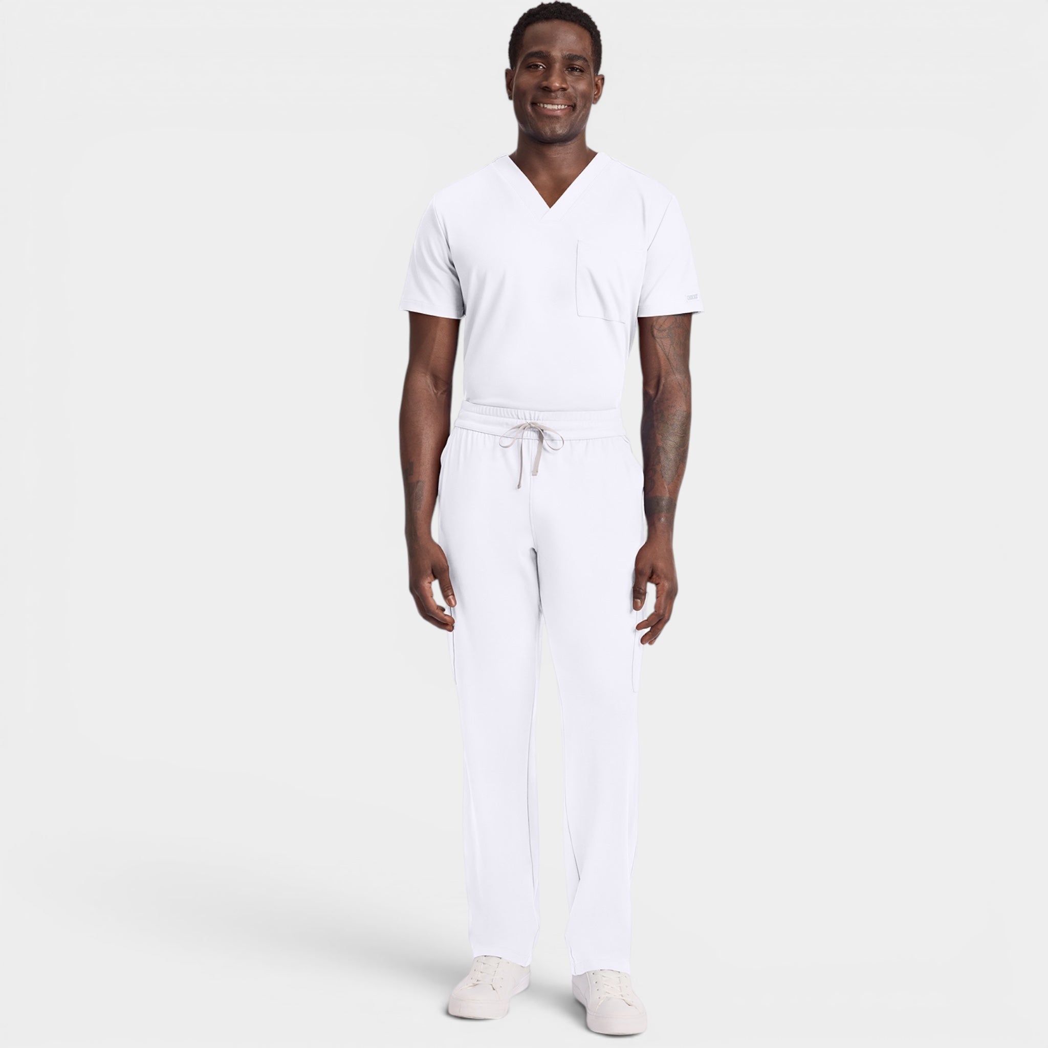 Read's Uniforms white Comfort Pro knit tall length straight leg scrub pants with drawstring waist and multiple pockets.