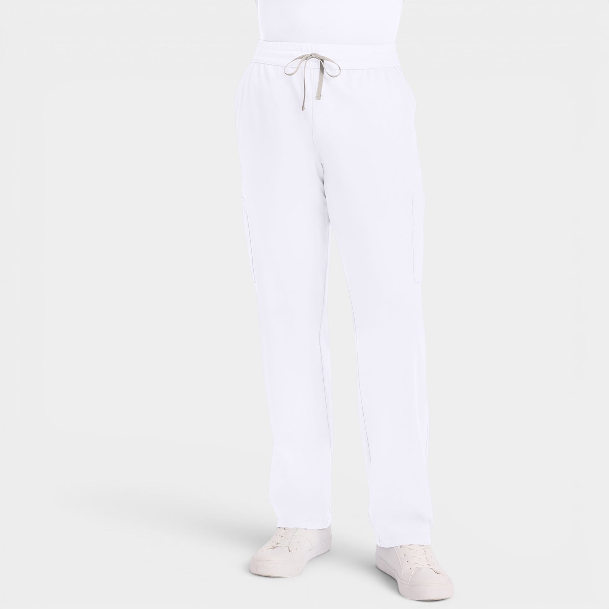 Read's Uniforms white Comfort Pro knit tall length straight leg scrub pants with drawstring waist and cargo pockets.